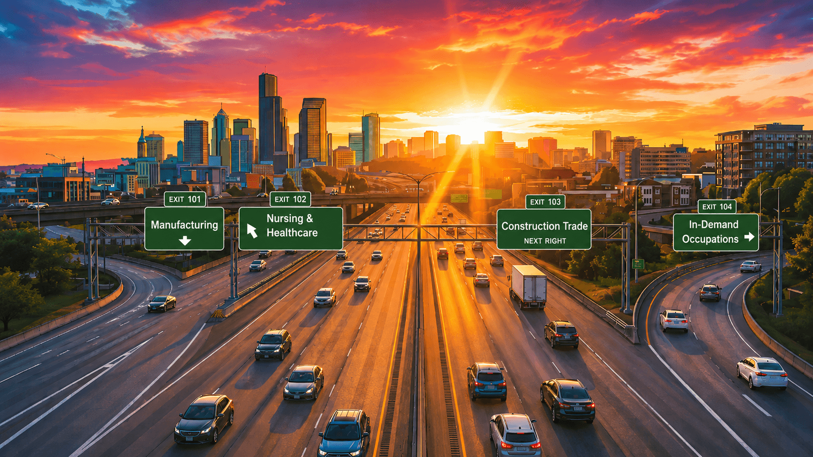 A highway leading toward the city with exits for manufacturing, nursing and healthcare, construction trades, and in-demand occupations