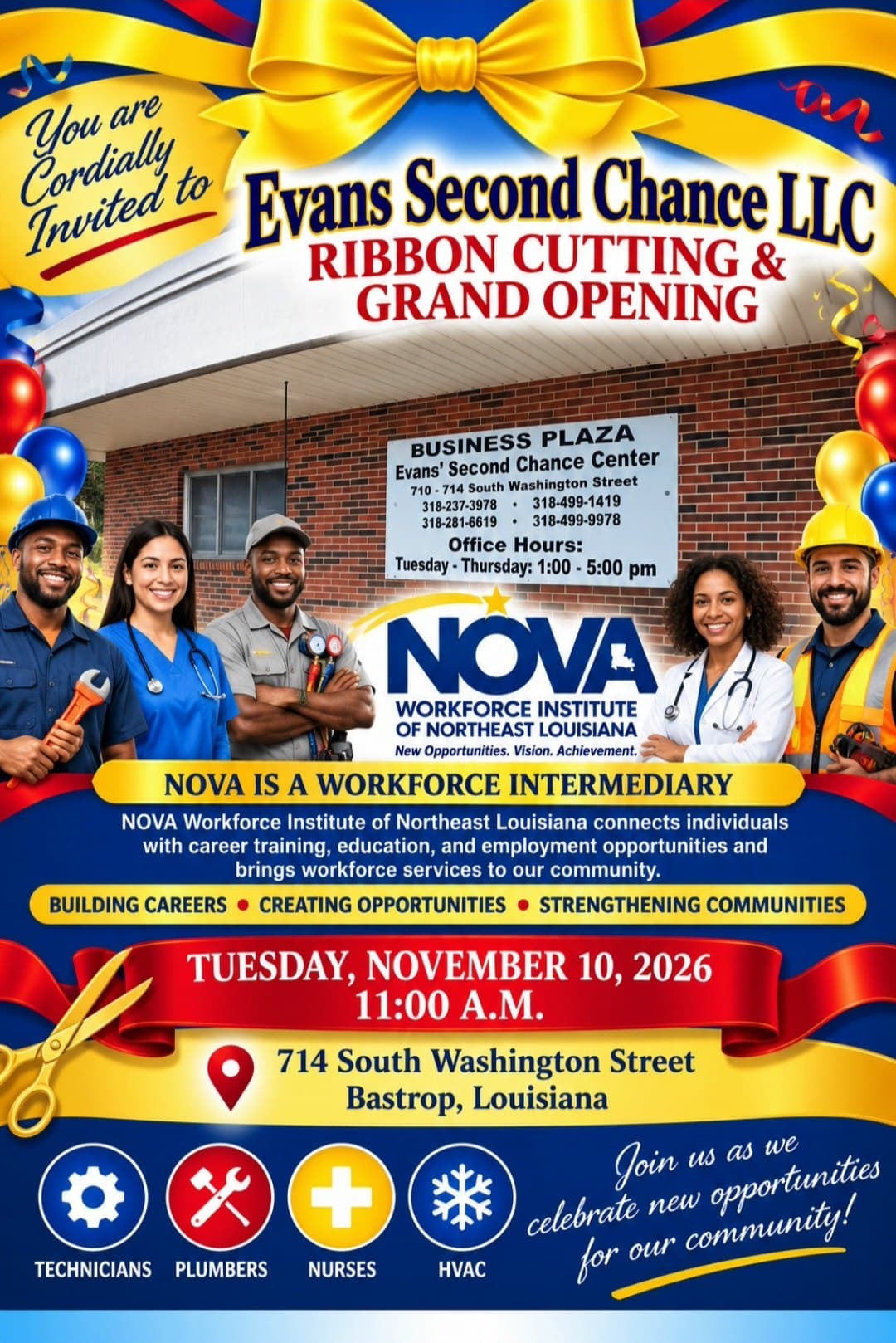 Ribbon Cutting and Grand Opening flyer: Tuesday, November 10, 2026, 11:00 a.m., 714 South Washington Street, Bastrop, Louisiana